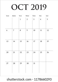 October 2019 desk calendar vector illustration, simple and clean design.