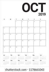October 2019 desk calendar vector illustration, simple and clean design.