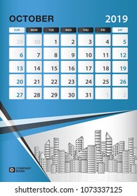 OCTOBER 2019 Month template, Desk Calendar for 2019 year, week start on sunday, planner, stationery, Blue Concept, vertical layout vector illustration