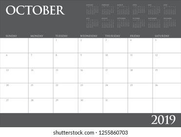 October 2019 monthly calendar vector illustration, simple and clean design. 