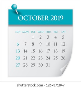 October 2019 monthly calendar vector illustration, simple and clean design. 