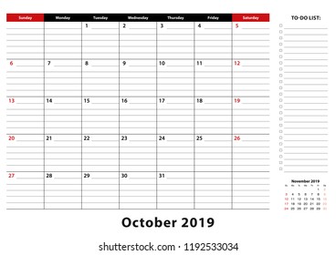 October 2019 Monthly Desk Pad Calendar week starts from sunday, size A3. October 2019 calendar planner with to-do list and place for notes.