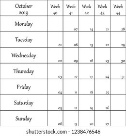 October 2019 Planner with number for each Weak