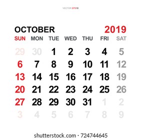 October 2019. Vector monthly calendar template 2019 year in simple style for template design. Week starts from Sunday.