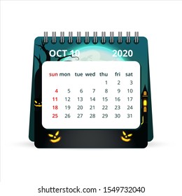 October 2020 Calendar with Halloween background. One Month Calendar, Week Starts Sunday. Vector illustration template