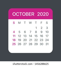 October 2020 Calendar Leaf - Illustration. Vector graphic page