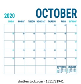 October 2020. Calendar planner. English calender template. Vector square grid. Office business planning. Creative design. Blue color