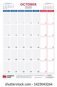 October 2020. Calendar planner stationery design template. Portrait orientation. Week starts on Monday