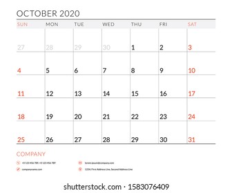 October 2020. Calendar planner stationery design template. Vector illustration. Week starts on Sunday