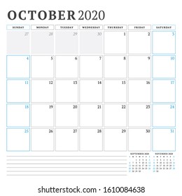 October 2020. Calendar planner stationery design template. Vector illustration. Week starts on Sunday
