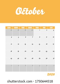 October 2020 Calendar Sheet. First day of Week Starts on Sun  Sunday Modern Design Template.