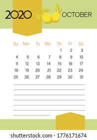 OCTOBER 2020. Calendar template. Pears fruits. Page. Planner diary in a minimalist style.