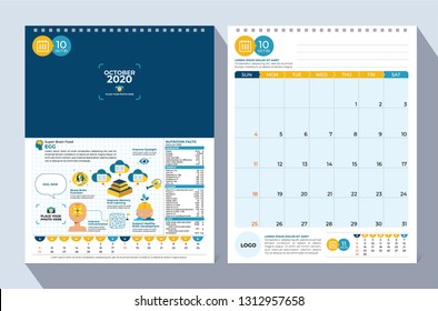 October : 2020 Calendar Template_ Super Brain Food with Nutrition Facts : Vector Illustration