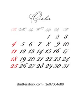 October 2020 Calendar vector with calligraphic font