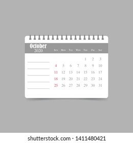 October 2020 calendar. Week starts sunday.