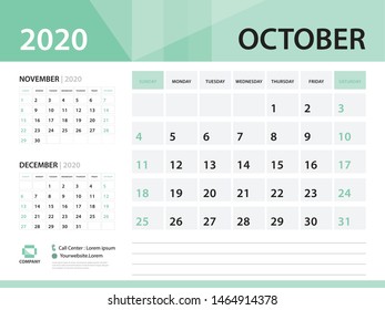 October 2020, Desk Calendar 2020 vector Design, green concept for business; Week Start On Sunday, Planner, Stationery, Printing, Size : 8 x 6 inch