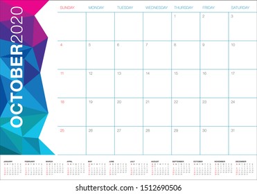 October 2020 desk calendar vector illustration, simple and clean design. 
