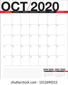 October 2020 desk calendar vector illustration, simple and clean design. 
