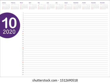 October 2020 desk calendar vector illustration, simple and clean design. 
