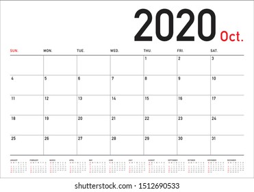 October 2020 desk calendar vector illustration, simple and clean design. 
