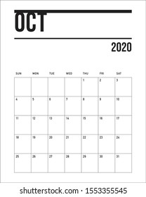 October 2020 desk calendar vector illustration, simple and clean design. 
