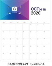 October 2020 desk calendar vector illustration, simple and clean design. 

