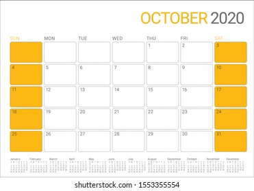 October 2020 desk calendar vector illustration, simple and clean design. 
