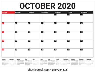 October 2020 desk calendar vector illustration, simple and clean design. 
