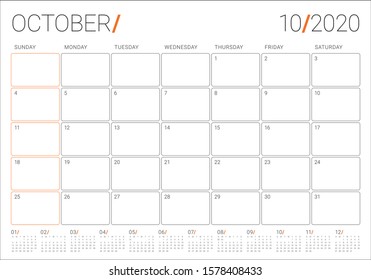 October 2020 desk calendar vector illustration, simple and clean design. 
