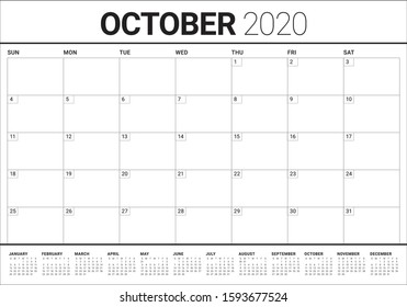 October 2020 desk calendar vector illustration, simple and clean design. 

