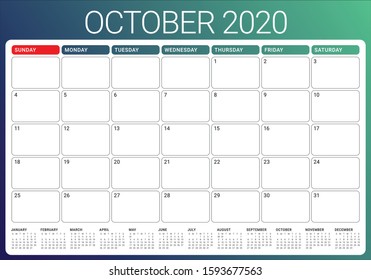 October 2020 desk calendar vector illustration, simple and clean design. 

