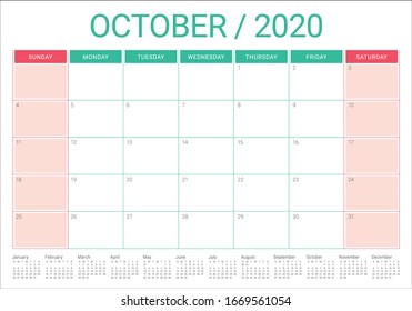 October 2020 Desk Calendar Vector Illustration, Simple And Clean Design. 