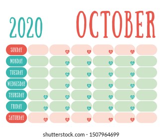 October 2020 diary. Calendar. Cute trend design. New year planner. English calender. Green and red color vector template. Notebook for notes. Week starts on Sunday. Planning. Hearts