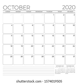 October 2020. Monthly calendar planner template. Minimalist style. Vector illustration. Week starts on Sunday