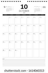 October 2020. Monthly vertical calendar planner printable template A4, A3. Vector illustration. Week starts on Monday.