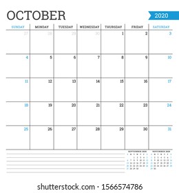 October 2020. Square monthly calendar. Planner template. Minimalist style. Vector illustration. Week starts on Sunday