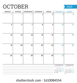 October 2020. Square monthly calendar. Planner template. Minimalist style. Vector illustration. Week starts on Monday