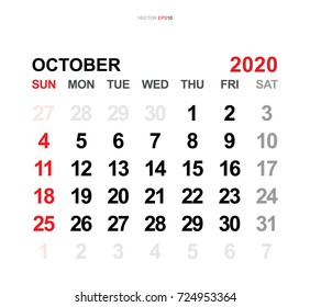 October 2020. Vector monthly calendar template 2020 year in simple style for template design. Week starts from Sunday.