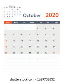 October 2020 vector planning calendar with a place for notes. Weeks start on Sunday.