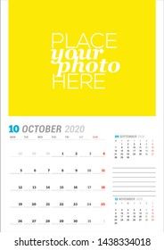 October 2020. Wall calendar planner template. Vector stationery design print template with place for photo. Week starts on Monday. 3 months on page