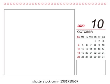 October 2020 Year Template, Calendar 2020 Vector, Desk Calendar Design, Week Start On Sunday, Planner, Stationery, Printing. Vector illustration design. siza: A4 for everyone and printing house.