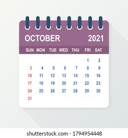 October 2021 Calendar Leaf. Calendar 2021 in flat style. Vector illustration.