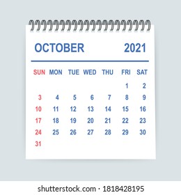 October 2021 Calendar Leaf. Calendar 2021 in flat style. Vector illustration.