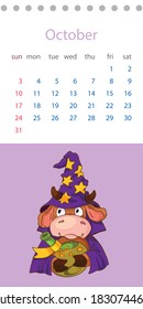 October 2021. Calendar month with a cartoon bull in a wizard hat. Editable vector template. Vector illustration in a flat style.