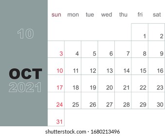 October 2021. Calendar planner design template. Week starts on Sunday. Stationery design. Vector Illustration