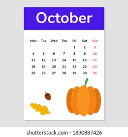 October 2021 calendar sheet with pumpkin illustration. Vector.