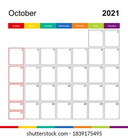 October 2021 colorful wall calendar, week starts on Sunday. 2021 Calendar template.