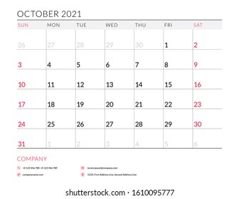 October 2021. Monthly calendar planner printable template. Vector illustration. Week starts on Sunday