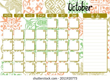 October 2021 monthly planner with a to-do list. Vector ready to print design for business and everyday planning on a beautiful ornament background with hand lettering.