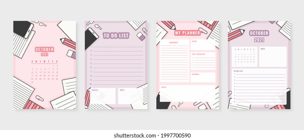 October 2021 - Planner. Modern planner template set. Set of planner and to do list. Monthly, weekly, daily planner template. Vector illustration.